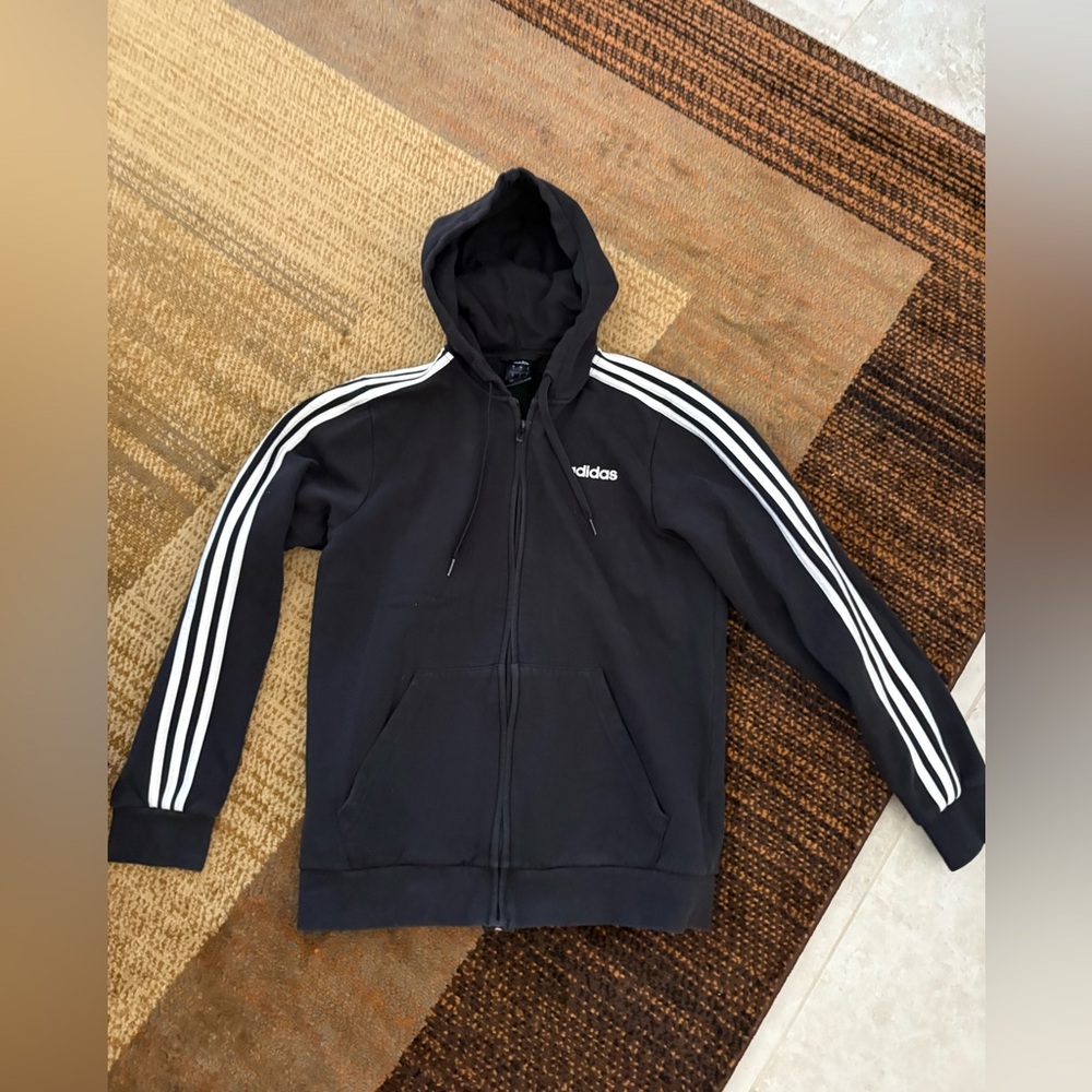 adidas Black Hoodie with White Three-Stripe Sleeves